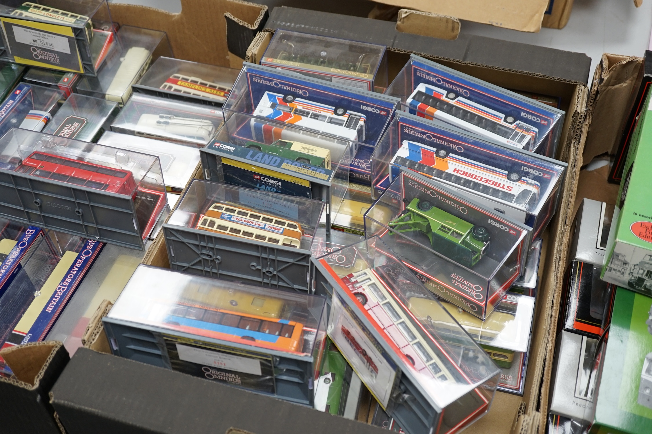Forty-one boxed Corgi OOC diecast buses and coaches, etc. operators including; Brighton and Hove, Brighton Hove and District, Southdown, East Kent, Maidstone and district, Hastings Tramways, Stagecoach, etc.